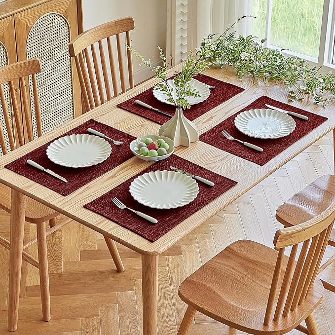 Softalker Faux Linen Placemats Set of 4-12 x 18 Inch, Heat Resistant Double Layered Durable Burlap Farmhouse Place Mats, Non-Slip Washable Rustic Table Mats for Dining, Kitchen, Party（Red