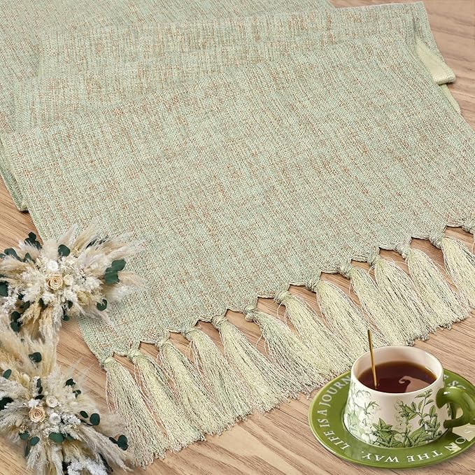yuboo Sage Green Table Runner 48 Inches - Boho Farmhouse Coffee Table Runner for Living Room, Easter Decor, Spring Macrame Runner for Round Table & TV Stand