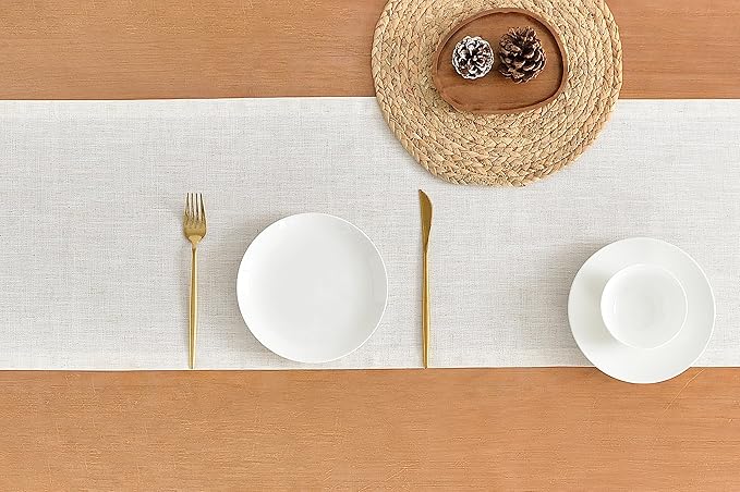 Wracra Linen Style Table Runner, Rustic Farmhouse Off White Table Runners 108 Inches Long, Handcrafted Table Runner for Fall, Winter - Everyday Use and Machine Washable