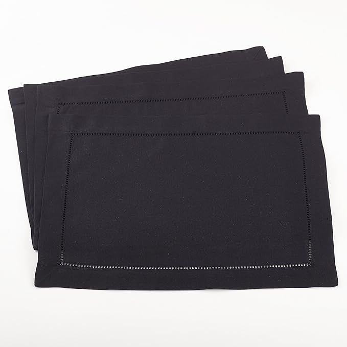 Saro Lifestyle Hemstitched Border Placemat (Set of 4), Black, 14"x20"