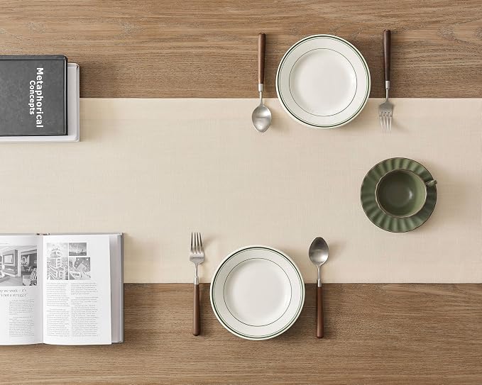 ZeeMart Linen Textured Border Table Runner, 14 x 60 Inch Cream, Farmhouse Style Cream Table Runners 60 Inches Long, Easy Care Everyday Polyester Table Runner