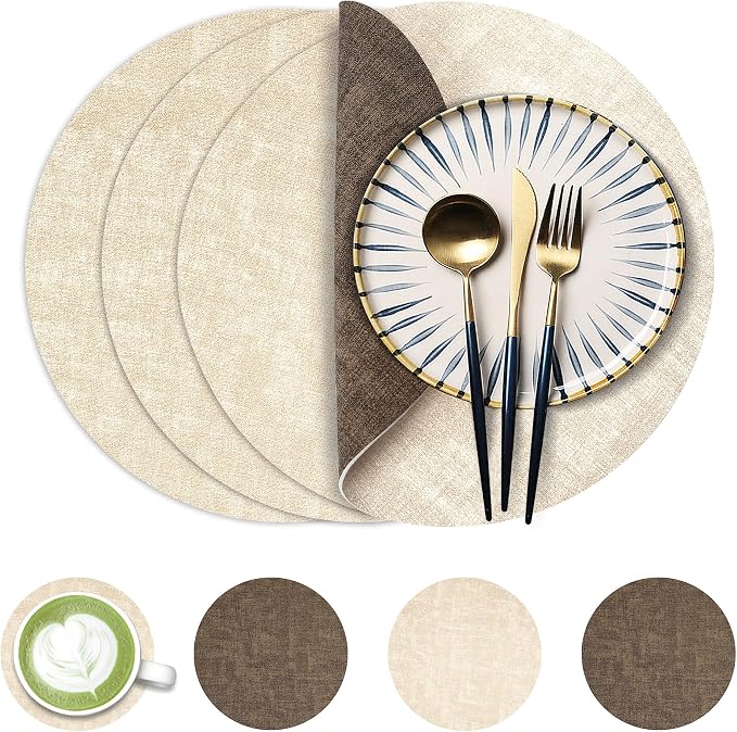 13-Inch Faux Leather Round Placemats Set of 4, Waterproof Anti-Slip Dual Sided Place mats, Heat Resistant Washable Table Mats with Coaster, Suitable for Indoor & Outdoor (4, Beige Dark Coffee)