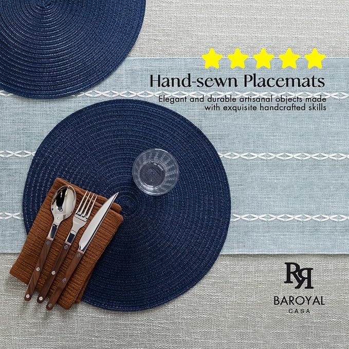 Round Placemats Set of 8 Woven Placemats Washable Braided Table Mats for Dining Table Heat Resistant Non-Slip Circle Place Mats(Navy Blue)