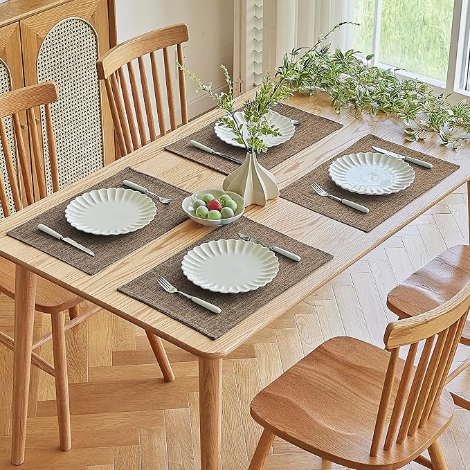 Softalker Faux Linen Placemats Set of 4-12 x 18 Inch, Heat Resistant Double Layered Durable Burlap Farmhouse Place Mats, Non-Slip Washable Rustic Table Mats for Dining, Kitchen, Party（Brown