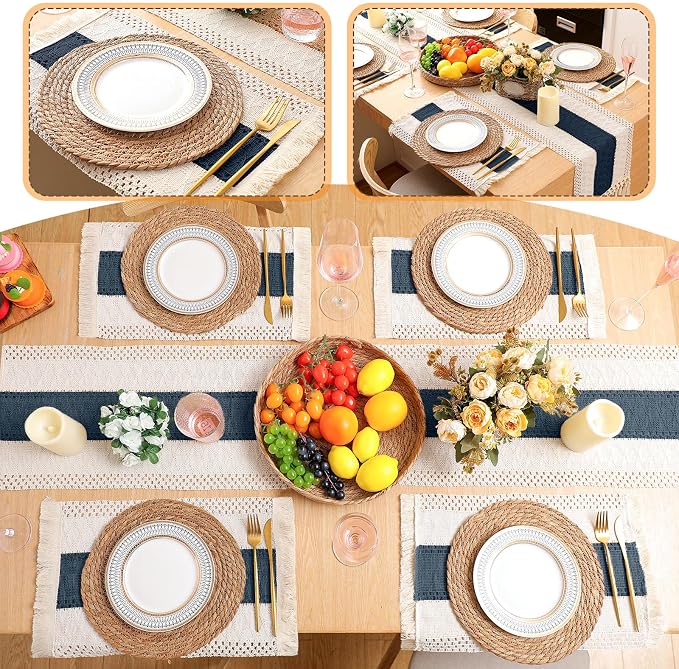 Boho Placemats 4/6/8 Set of Round Woven Placemat Macrame Style Bicolor Stitching Long Table Runner Farmhouse Rustic Natural Burlap Cotton for Kitchen Dining Table(6 Sets,Blue,12x72)