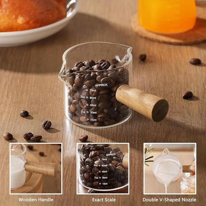 VRUIFA 2 Pack Measuring Cups, Espresso Shot Glass with Wood Handle, Clear Glass with Dual Scale, Espresso Accessories with Double Spouts, 2.5 OZ /75 ML