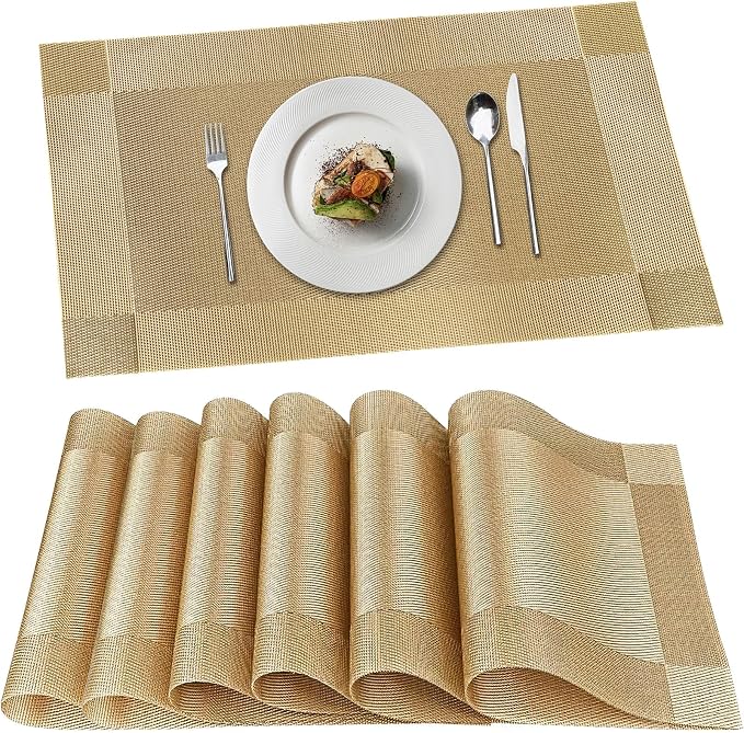 Placemats, Placemats Set of 6, Table Place Mats for Kitchen Dining, Heat-Resistant Anti-Skid Stain Washable PVC Table Mats, Easy to Cleaning Woven Vinyl Dinner Mats (Gold)