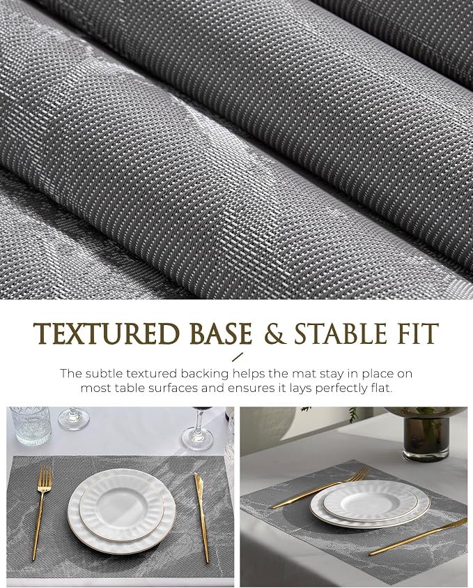 Leetaltree Reversible Marble Placemats Set of 12 – Ships Flat and Stays Flat, Durable Washable Vinyl PVC Placemats, Heat Resistant, Easy Wipe Clean (Gray Marble Pattern)