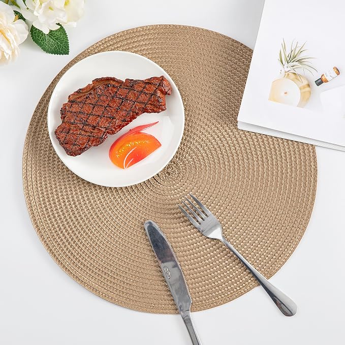 Round Placemats, Crossweave Heat Resistant Classic Woven Round Place Mats Diameter 13.5 inch for Kitchen Table Set of 6 (Brown)