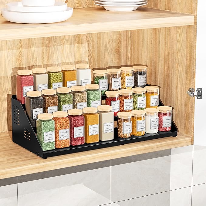 BOIVSHI Spice Organizer, Spice Rack for Expandable 3-Tier, Spice Organization for Cabinet Expandable Width and Adjustable Height, Seasoning Organizer for Cabinet, Countertop, Pantry, Black