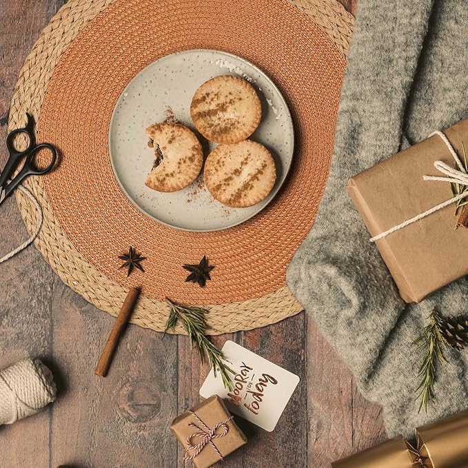 Noctiflorous Braided Round Placemats Set of 6, 15 Inch Woven Table Mats, Non-Slip Washable Wide Edge Place Mats for Kitchen Dining Table Decor (Orange, 6)