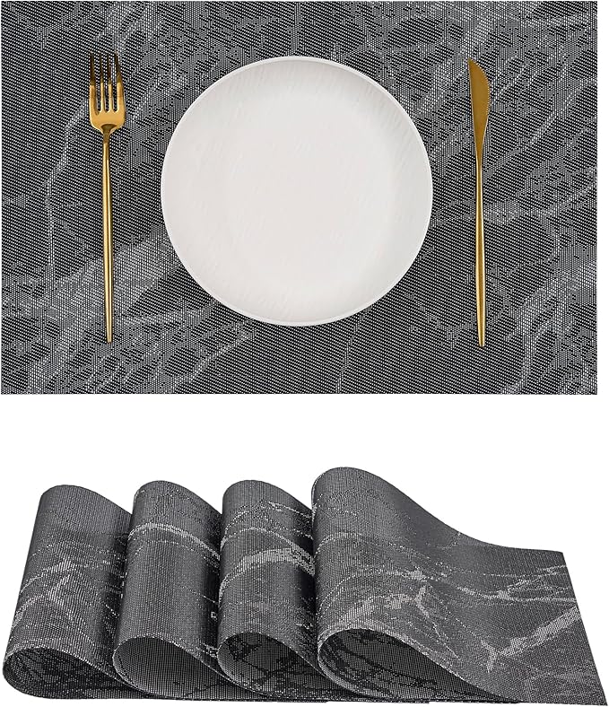 Leetaltree Reversible Marble Placemats Set of 4 - Ships Flat and Stays Flat, Durable Washable Vinyl PVC Placemats, Heat Resistant, Easy Wipe Clean (Black Marble Pattern)