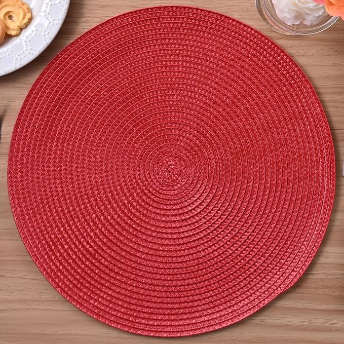 Feuille Round Braided Placemats Set of 6 Place Mats for Dining Table Woven Washable Non-Slip Table Mats 13.5 Inch (Red, 6pcs)