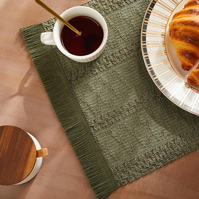 ZeeMart Macrame Style Boho Placemats Set of 4, Moss 12x20 Inch | Decorative Farmhouse Table Mats, Natural Cotton Woven Place Mats, Bohemian Home Decor for Kitchen Dining Table