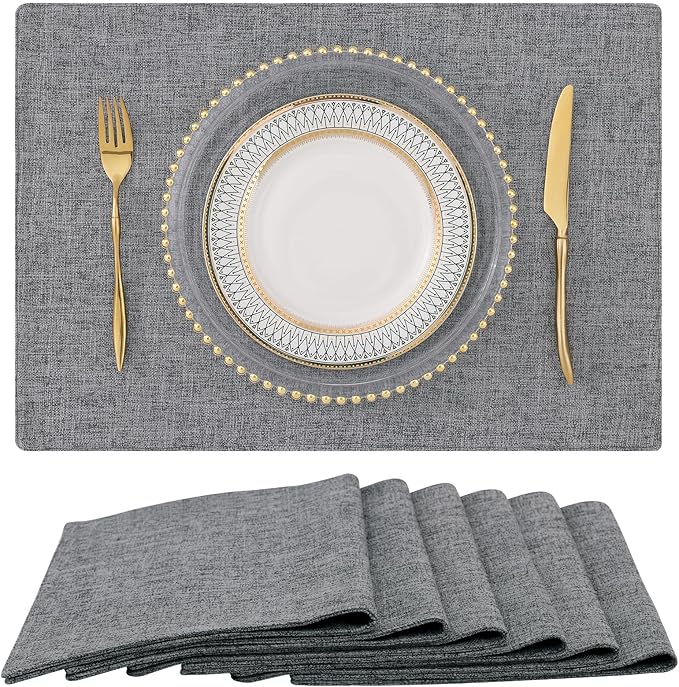 homing Faux Cotton Linen Placemats Set of 6, Cloth Washable Farmhouse Dining Table Mats for Indoors & Outdoors, Easy to Clean, Dark Grey, 13 x 19 Inch