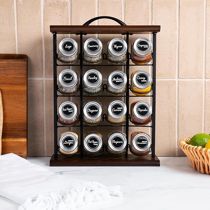 Orii 16 Jar Acacia Wood Vertical Spice Rack with Spices Included & 5-Year Spice Refill Program – Space-Saving Countertop Spice Rack with Glass Jars
