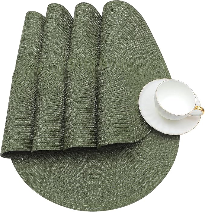SHACOS Round Placemats Set of 8 Washable 15 inch Round Table Mats Cotton Polyester Woven Braided Place Mats for Dining Table Wedding Party Decor (Olive Green, 8)