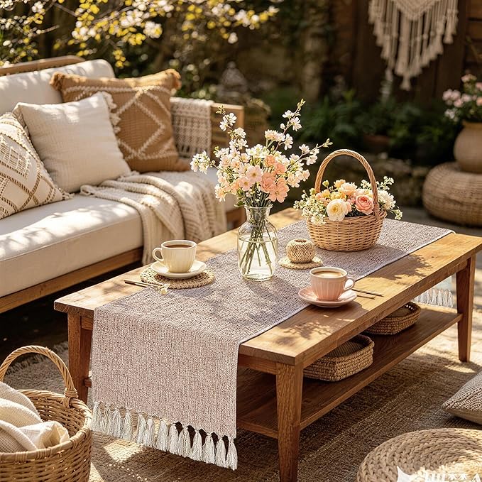yuboo Boho Table Runner 48 Inches - Neutral Coffee Table Runner for Living Room, Spring Mother‘s Day Decor, Small Round Dining Table, Dresser Scarves (55" with Tassels)