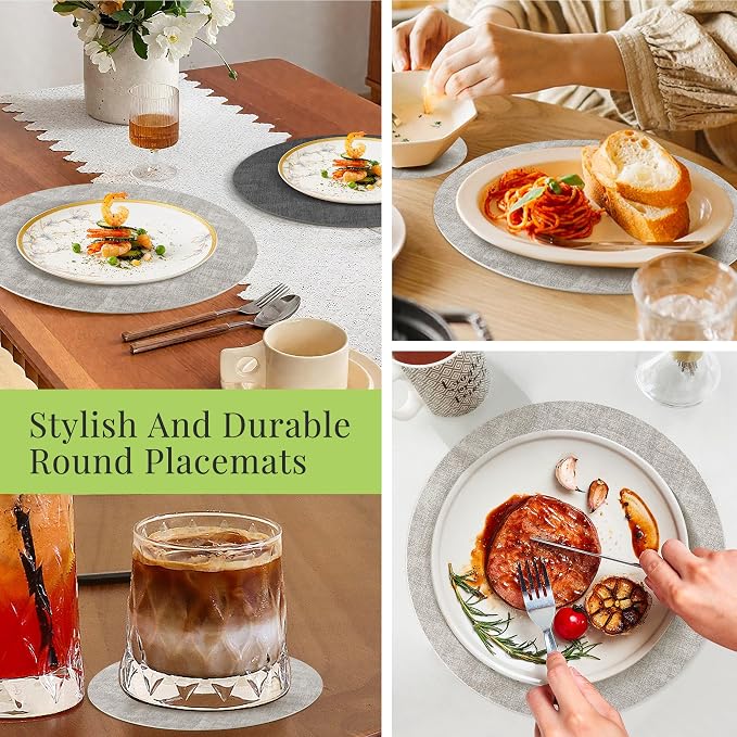 13-Inch Faux Leather Round Placemats Set of 6, Waterproof Anti-Slip Dual Sided Place mats, Heat Resistant Washable Table Mats with Coaster, Suitable for Indoor & Outdoor (6, Black Light Gray)