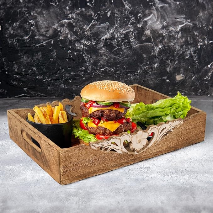 Mela Artisans 16” x 12” x 2.5” Mango Wood Serving Tray with Handles – Orchid Medium Burnt Finish – Handcrafted Wooden Serving Board for Breakfast, Coffee & Home Décor