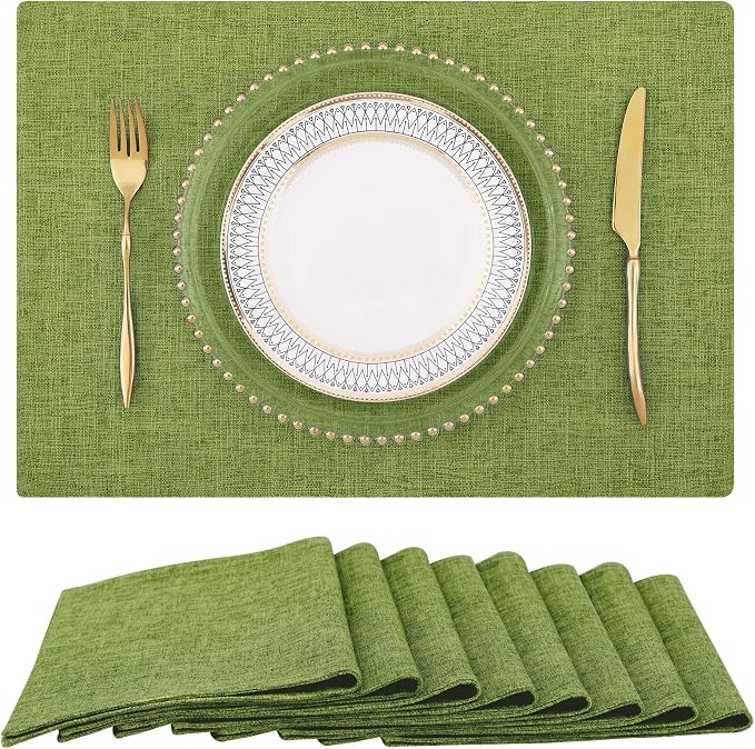 homing Faux Cotton Linen Placemats Set of 8, Cloth Washable Farmhouse Dining Table Mats for Indoors & Outdoors, Easy to Clean, Grass Green, 13 x 19 Inch