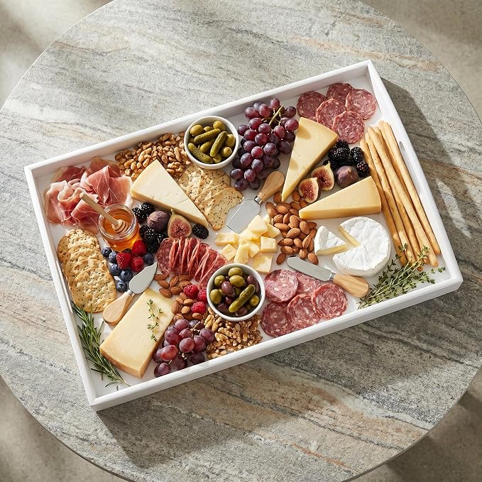Bam & Boo White Bamboo Serving Tray Extra Large with Handles for Food, Drinks, Storage, Decor, Vanity, Breakfast, Parties, Weddings, Picnics(23.6” x 15” x 2.35”, White)