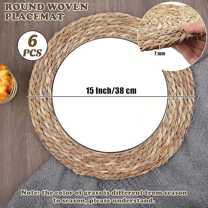 Kochorie Set of 6 Round Woven Placemats 15 Inch Bulrush Placemats Natural Handwoven Boho Rattan Wicker Table Mats for Farmhouse & Home Dining