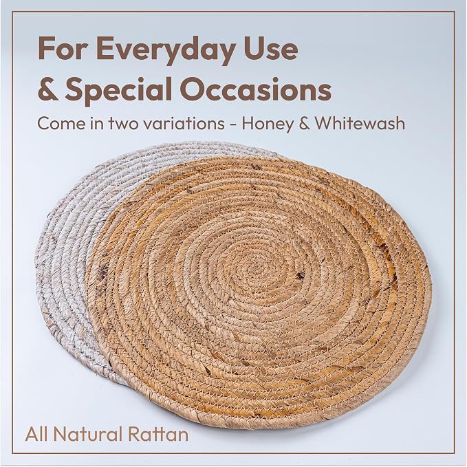 Round Woven 13" Rattan Placemats Set of 6, Made in Indonesia, Handwoven Heat-Resistant Table Mats, Eco-Friendly Boho Farmhouse Decor, Natural Wicker Chargers for Dinner Plates (Honey)