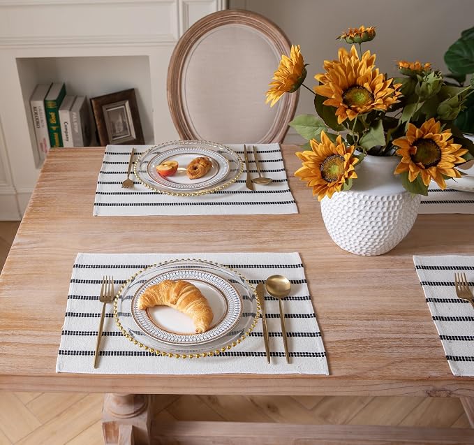 Caflife Boho Farmhouse Placemats Set of 6, Black Stripes Cotton Linen Woven Table Mats for Modern Dining Table, 13x19 Inch Rustic Kitchen Decor Place Mats