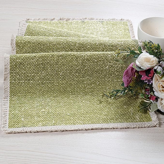 Hausattire Table Runner Cotton Frayed Boho 12x36 Inches | Fall Table Center Piece for Party Table Top Decoration Washable Farmhouse, Wedding,Easter Spring CollectionNubby Cotton - Green