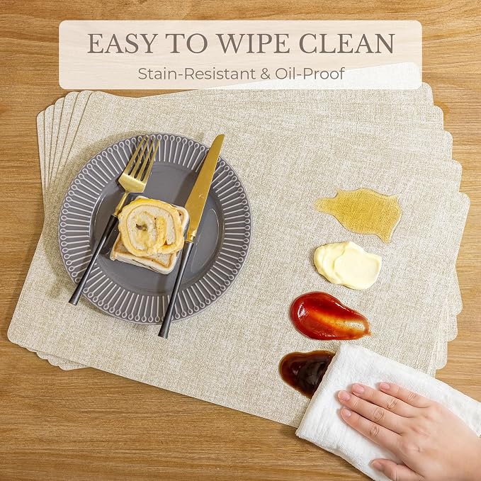 Romanstile Vinyl Placemats Set of 6-12 X 17 Inch - Faux Leather 100% Waterproof Wipeable Anti Slip Place Mats, Heat Resistant Reversible PU Table Mats for Kitchen Dining Party Outdoor, Beige