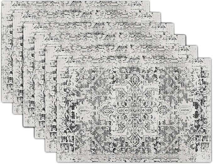 Gray Black Boho Placemats Set of 6 Ethnic Bohemian Carpet Place Mats Washable Kitchen Dining Vintage Grey Geography Floral Linen Table Mats Stain Heat-Resistant Cloth Tabel for Home Party 12x18 in