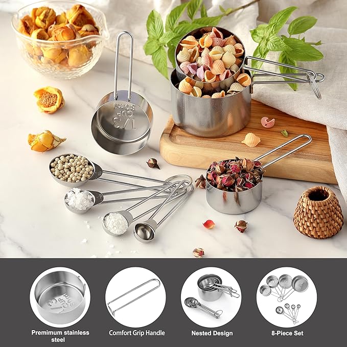 8PCS Measuring Cups, OHOLA Stainless Steel Measuring Cups and Spoons Set, Great for Cooking and Baking