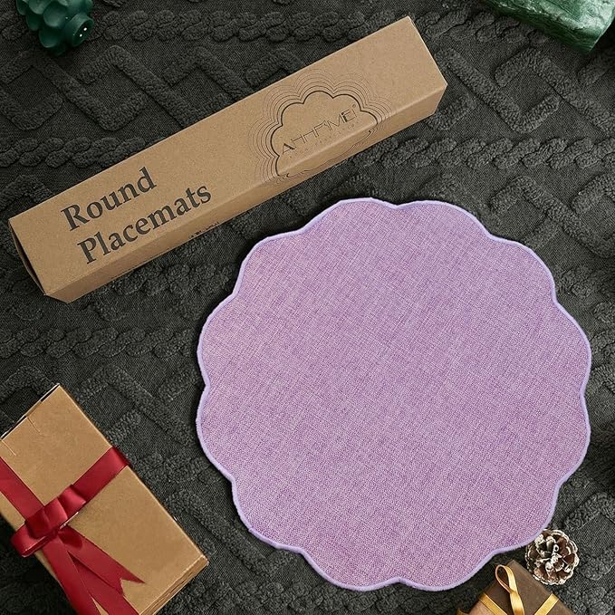 AHHFSMEI Round Faux Linen Placemats Set of 6 Heat Resistant Non-Slip Stain Proof Table Mats for Kitchen Dining Elegant Decor Place Mats (6, Purple)