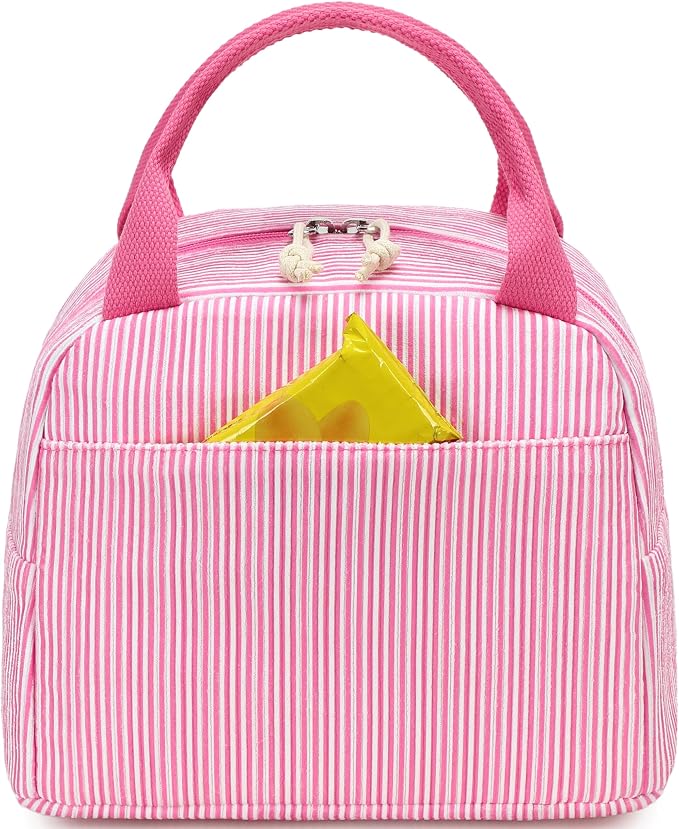 LEDAOU Lunch Box for Women Insulated Lunch Bag Corduroy Lunch Tote Bags Leakproof Cooler Lunch Case for Travel Work Picnic (K-Stripes-Pink)