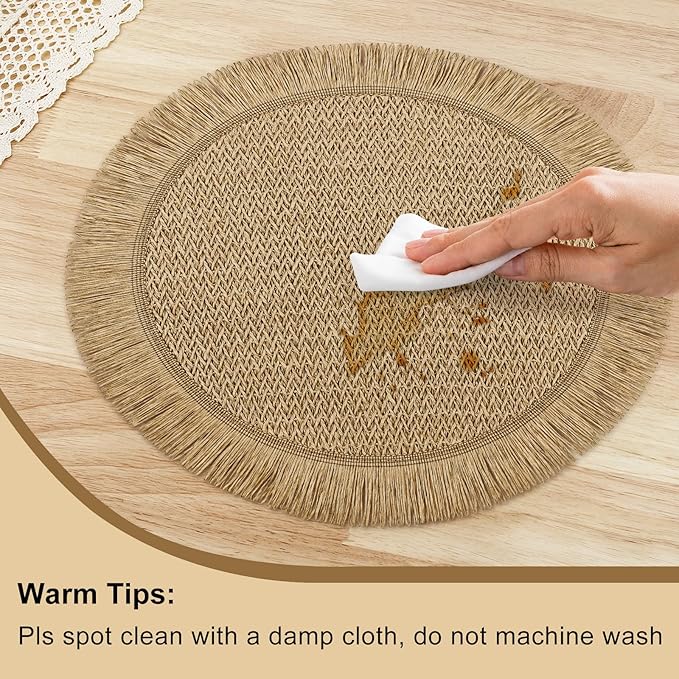 fanquare Boho Round Paper Placemats 15'' Set of 6, Rustic Woven Fade-Safe Tablemats,Braided Placemats for Home, Cafe or Events, Brown
