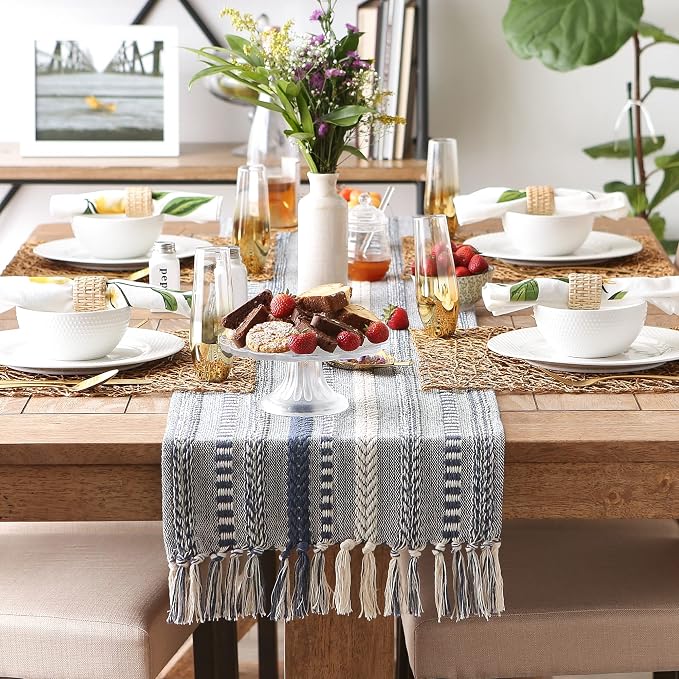 DII Farmhouse Braided Stripe Table Runner Collection, 15x108 (15x113, Fringe Included), French Blue