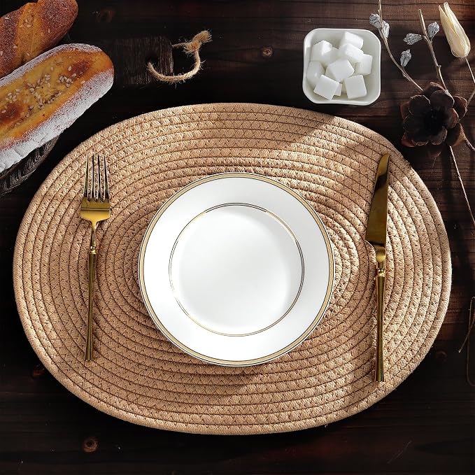 fanquare Khaki Cotton Placemats for Farmhouse Table Decoration Braided Cotton Rope Place Mats for Kitchen Dining Round Woven Table Mats Set of 6