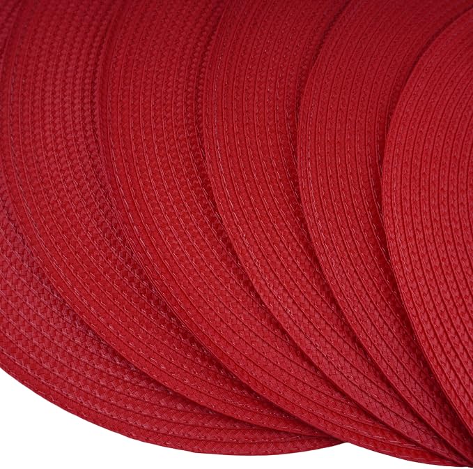 Round Braided Placemats Set of 6 Washable Easy to Clean Place Mats for Dining Tables Woven Non-Slip Heat Resistant Table Mats 15 Inch (Red)