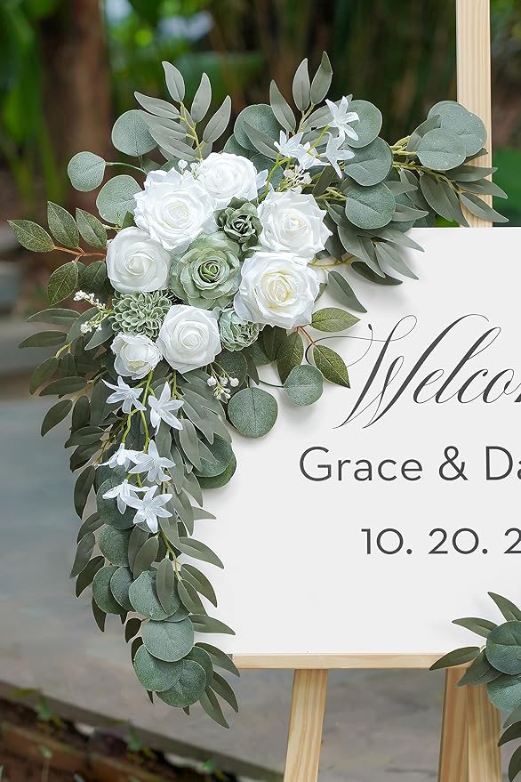 Olalaka 2-Pack Sage Green & White Wedding Flower Swag Set, Large: 35.43"L x 14.56"W, Small: 24.80"L x 12.99"W, Artificial Flowers for Wedding Arch, Ceremony, Table Centerpieces, Wall Hanging