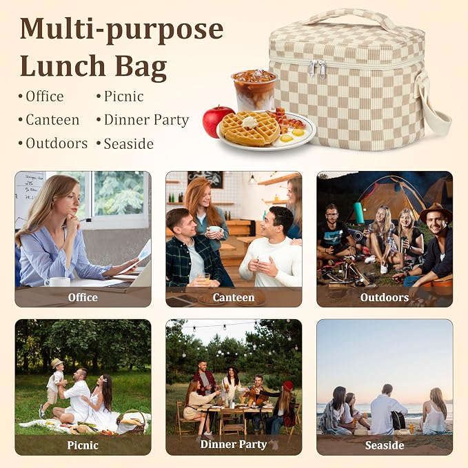 TESAFNG Insulated Lunch Bag for Women, Cute Corduroy Reusable Lunch Box for Adult, Leakproof Cooler Bag for Work Office Travel Picnic, Lunch Tote Bag with Adjustable Shoulder Strap (Checkered Khaki)
