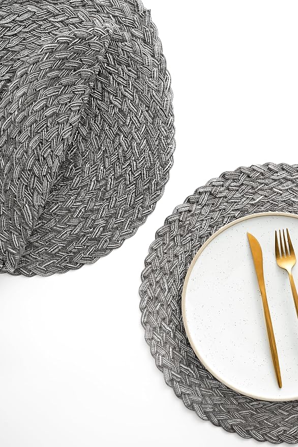 Floroom 15 Inch Round Braided Placemats Set of 4, Washable Heat Resistant Cotton Polyester Circle Boho Place Mats for Kitchen Dining Table - Mist Grey