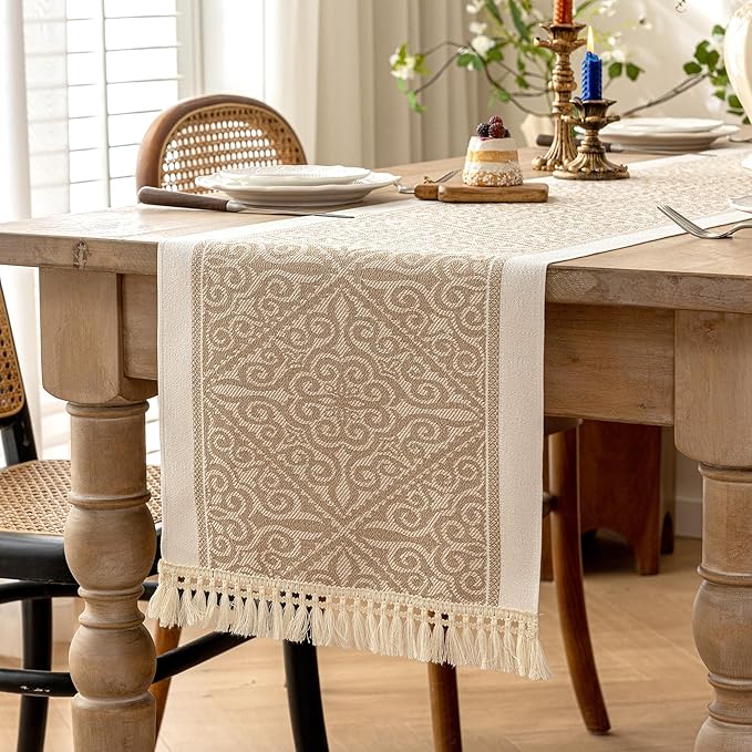 Spillproof Boho Table Runner with Tassels, Nordic Norland Woven Linen Textured Dresser Scarf, Heavy Duty Water Resistant Farmhouse Decor for Dining and Coffee Table, Beige, 14x72 Inches