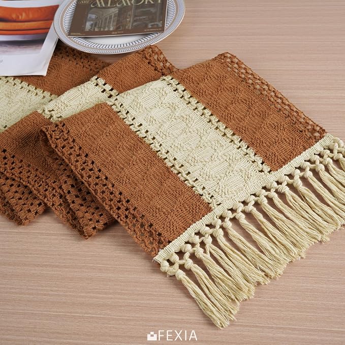 FEXIA Boho Table Runner for Home Decor with Tassels 72 Inches Long Farmhouse Rustic Caramel Table Runner Macrame Burlap Table Decoration for Living Room Bridal Shower (12x72 Inches)