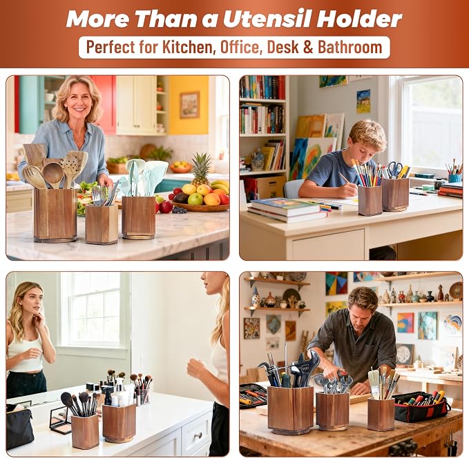KINGSOW Wooden Utensil Holder Set: 3PCS Extra Large Acacia Wood Organizer with 360° Rotating Base for Kitchen Countertop - Farmhouse Storage Crock for Multi-Generation Family & Cooking Enthusiasts