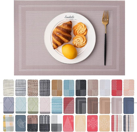 CADONO Placemats Set of 6 Washable Indoor/Outdoor Vinyl Place Mats for Dining Table Durable Non-Slip Heat Resistant PVC Weave Table Mats（Simple Style-Silver-Gray）