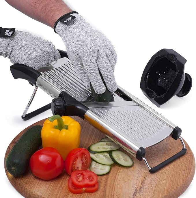 Mandoline Slicer with Cut-Resistant Gloves and Blade Guard – Adjustable Mandolin Vegetable Slicer and French Fry Cutter, Food Slicer, Vegetable Julienne – Thick Sharp Stainless Steel Blades