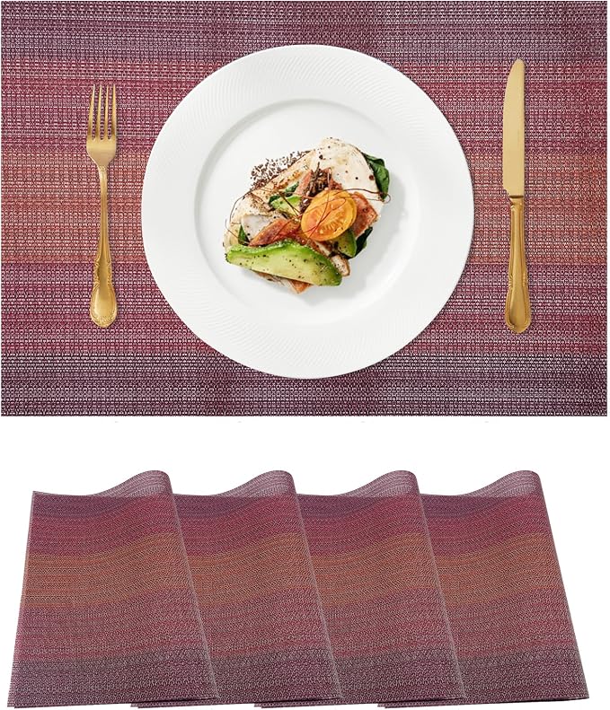 Red Placemats Set of 4, Crossweave Woven Vinyl Woven Placemats, Beautiful Washable and Durable Non-Slip Red Table Placemats for Dining Table Decoration