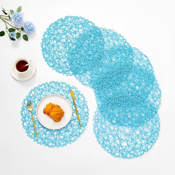 IcosaMro Sky Blue Round Placemats Set of 6 for Dining Table, 15 Inch Paper Woven Boho Decorative Circle Place Mat for Wedding Christmas Thanksgiving Day Holiday Dinner, 15 Inch, Sky Blue