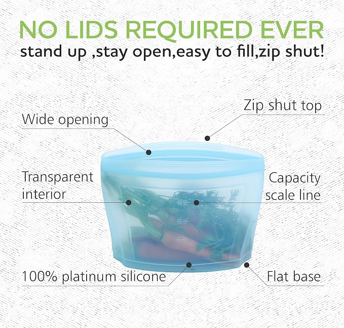 Zip Standing Reusable food container, silicone bag, 6 Pcs Zip Containers Can be used for fruit and vegetable snacks, etc. Microwave Dishwasher and Freezer Usable (blue)…
